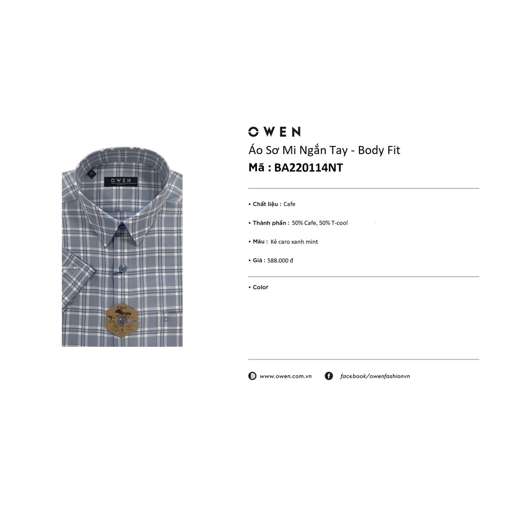 Áo Sơ Mi Nam Ngắn Tay OWEN BA220114NT Somi Công Sở Cao Cấp Màu Kẻ Caro Xanh Mint Vải Sợi Cafe Dáng Suông Tà Bằng Có Túi