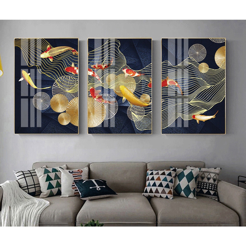 Tranh treo tường - Tranh Laminate tráng gương Cửu Ngư Quần Hội mừng tân gia, khai trương- Bộ 3 tấm