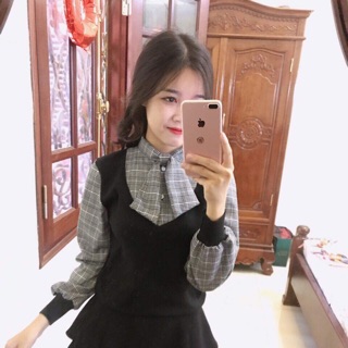Áo len phối sơ mi - nơ cổ