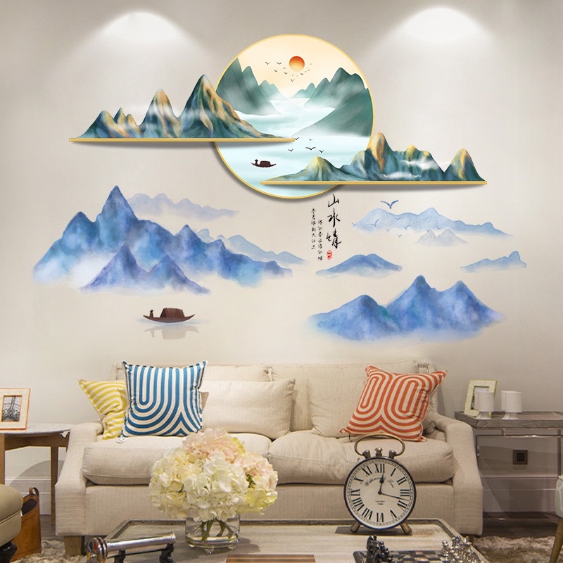 Decal  Dán Tường 3d Mẫu Tranh sơn Thuỷ Dán Phòng khách đón Tết 2023