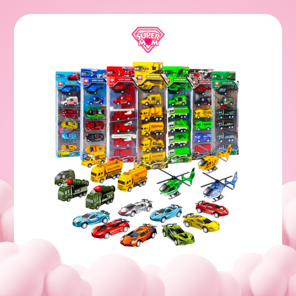 Bộ đồ chơi hộp set 6 món ô tô máy bay chạy cót xin xò cho bé - Supermom & Baby Corner