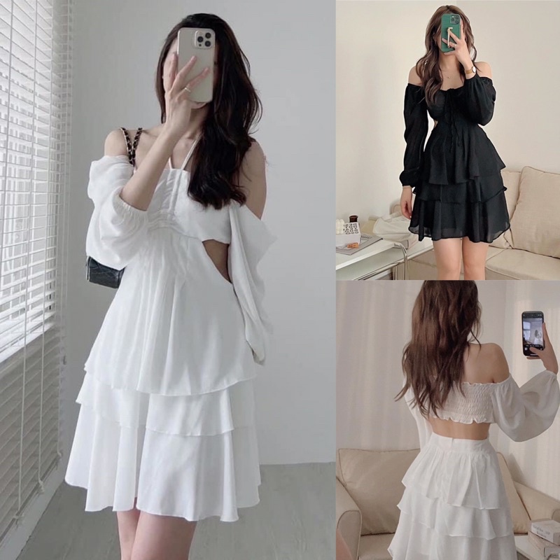 XẢ KHO Đầm thiên nga thiết kế khoét eo hở vai dáng xòe dự tiệc hai màu siêu xinh