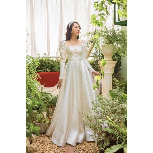 ĐẦM NÀNG DÂU CỔ U TAY PHỒNG ĐÍNH Hạt CAO CẤP full size S/M/L/XL