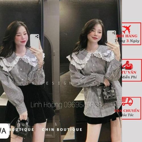 Áo sơ mi babydoll kẻ caro viền bèo cổ sen tiểu thư bánh bèo ulzzang Hàn Quốc