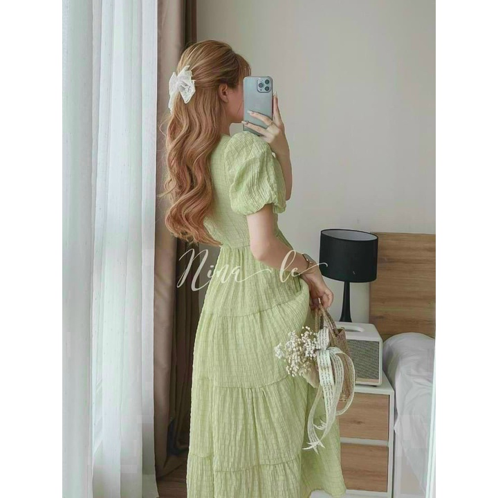 Đầm xòe xếp tầng cổ tròn có lót siêu xinh
