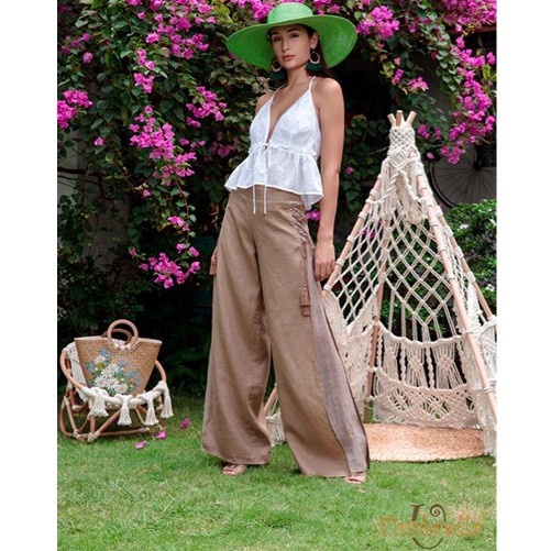 Áo Linen 2 dây thắt nơ ngực - màu trắng, vàng nhạt -T632-Umbrella Fashion