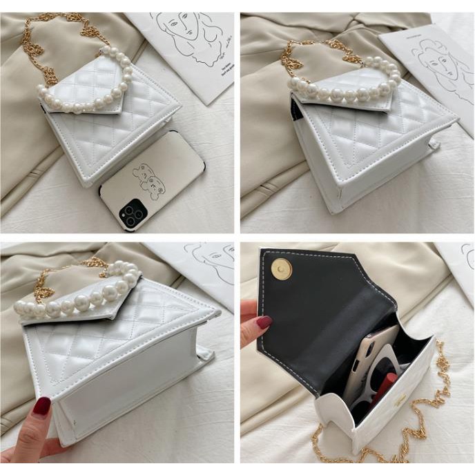 🔥 FREESHIP EXTRA 🔥 Túi xách da PU ❤️BÁN LỖ❤️ Màu trơn phối chuỗi ngọc trai nhân tạo phong cách retro cho nữ DC0011