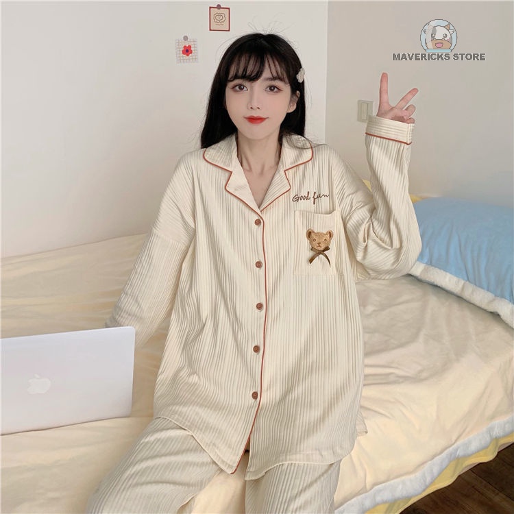 Bộ đồ ngủ dài tay họa tiết gấu dễ thương phong cách Hàn Quốc cho nữ