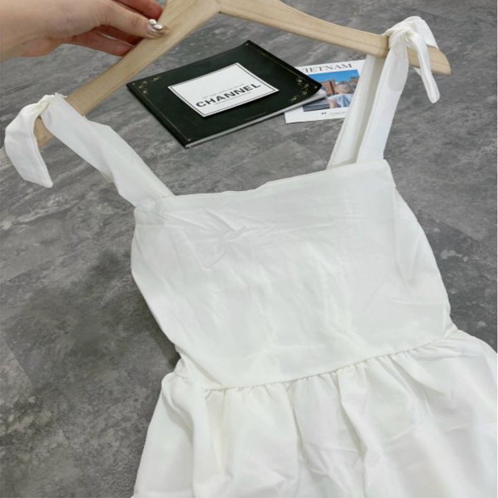 (Đầm Nữ) Váy trắng nữ 2 dây, đuôi cái, COS phần eo chun, dây thắt nơ điều chỉnh.