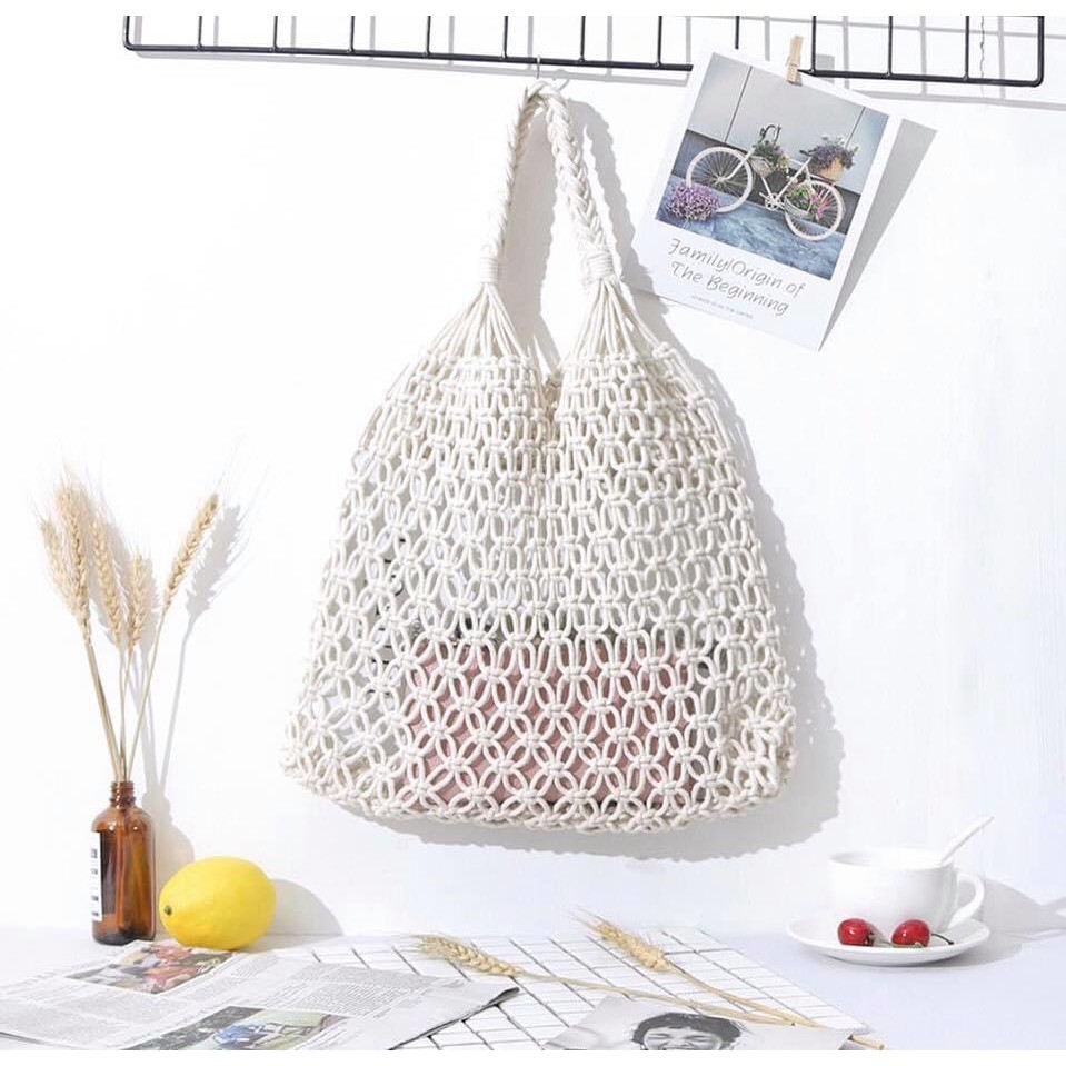 Túi lưới cá đi biển Macrame size L màu nâu ,có ảnh thật