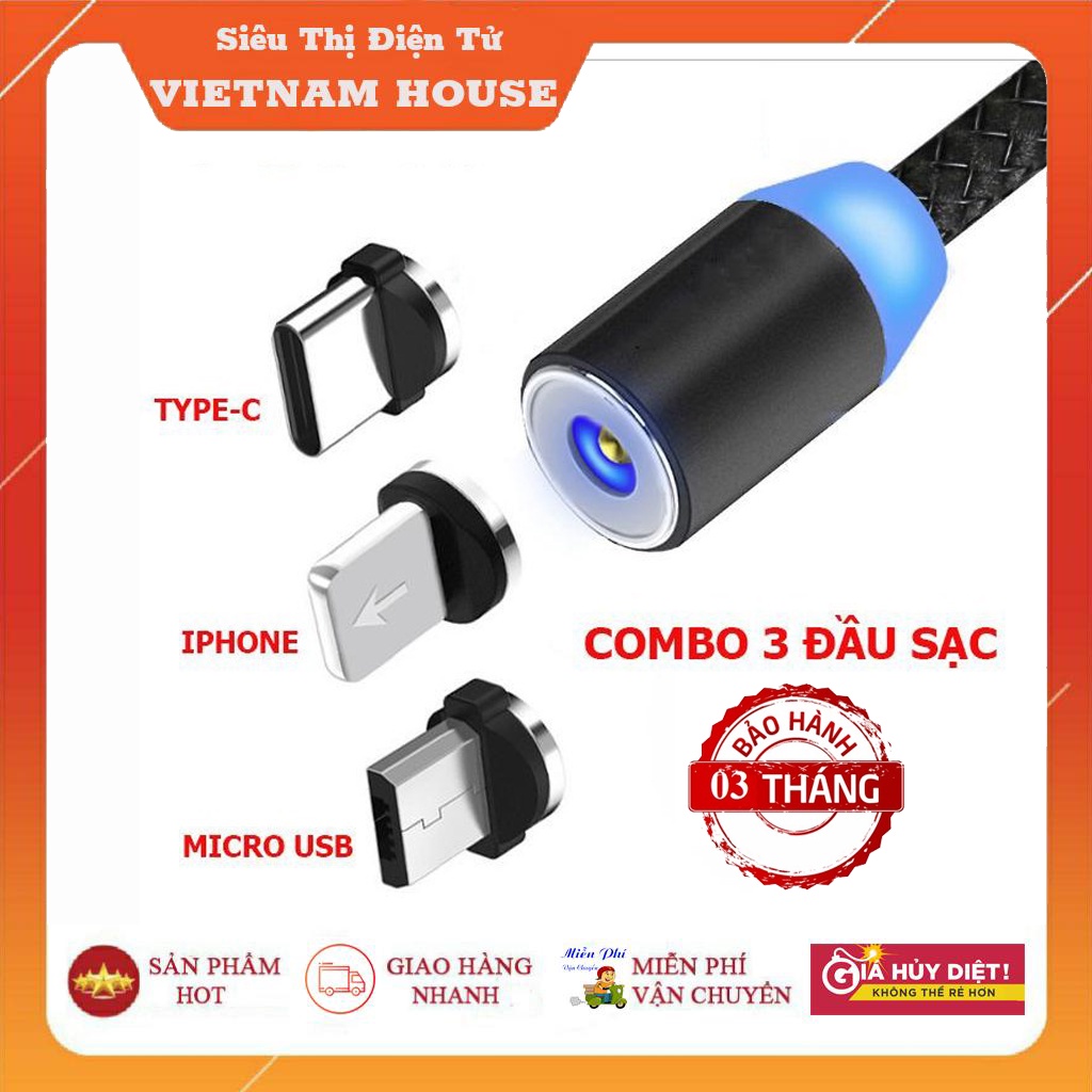 🔴Đang Sale - Cáp Sạc Từ Hít Nam Châm 3 Đầu Lightning, Micro USB, TYPE-C Tròn Xoay 360 Độ Siêu Bền, Có LED Xịn Xò.