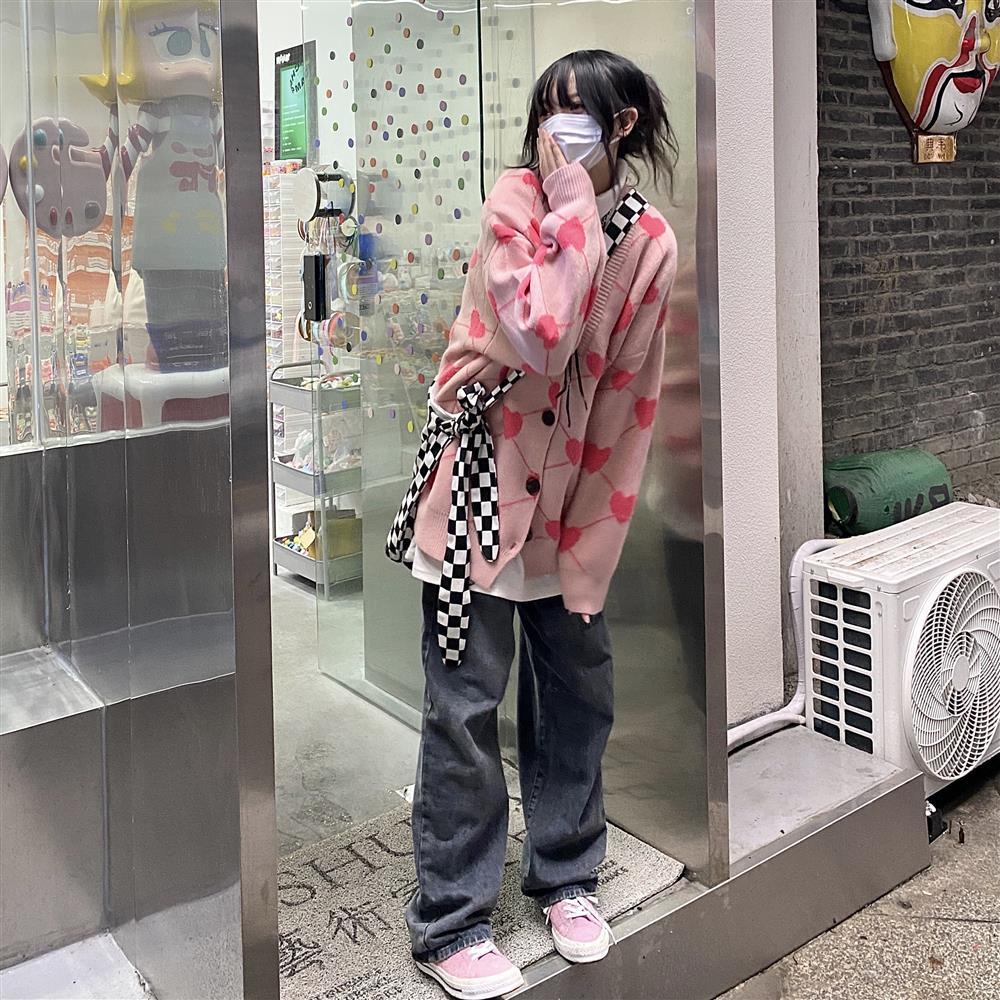 Áo khoác cardigan len dệt jacquard chiều dài trung bình phong cách đường phố xu hướng thời trang cho nữ sinh