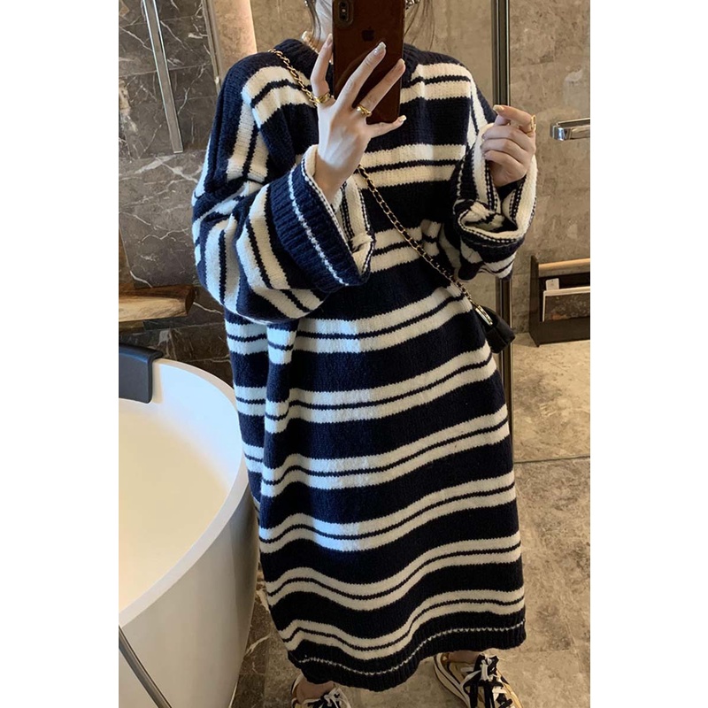 Đầm ZHELIHANGFEI dệt kim dáng rộng kẻ sọc cá tính thời trang