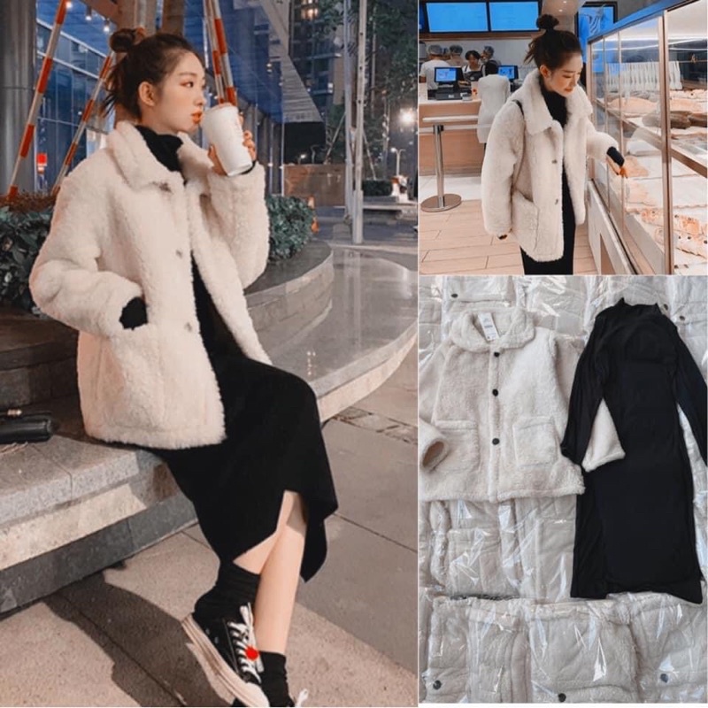 Set váy body tăm và khoát lông cho nữ
