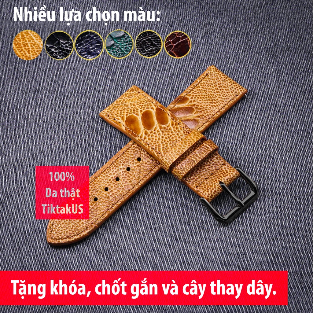 HCM]Dây đồng hồ nam da đà điểu thật khóa thép đen TiktakUs - Nhiều màu, Đủ size 18mm - 19mm - 20mm - 21mm - 22mm