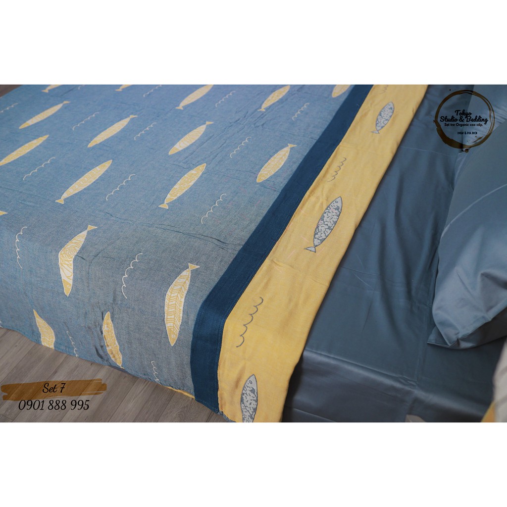 Set 07 _Chăn Xô Cotton Sợi tre Organic dòng Basic &amp; Ga gối Lụa