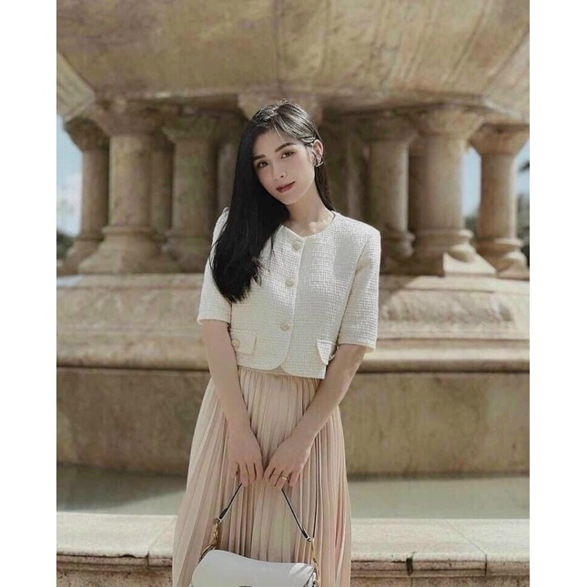 sét croptop dạ phối nút chân váy dập li kèm video