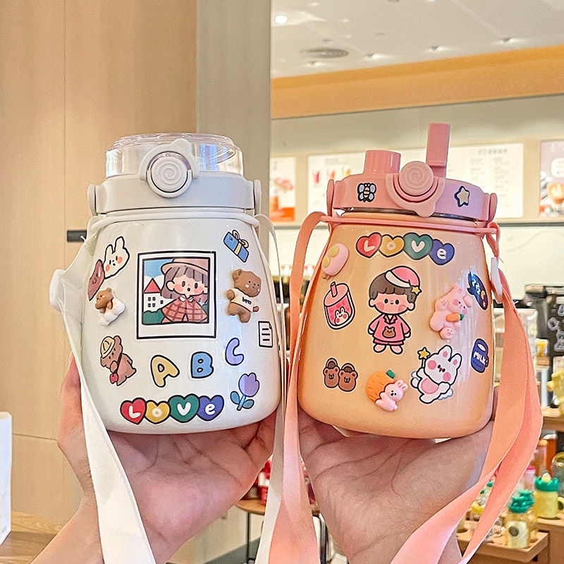 Bình Nước Giữ Nhiệt Cao 1000ML Kèm Ống Hút Dễ Thương Xinh Xắn Dành Cho Nữ