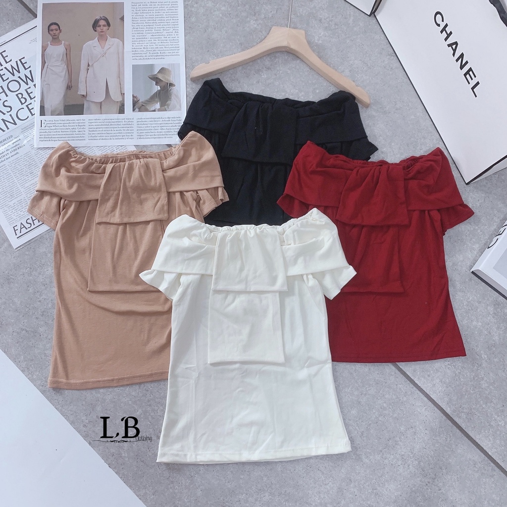 Xả hàng - Áo thun kiểu trễ vai nơ ngực, Áo kiểu ngắn tay sexxy dáng ôm CS6527 - NhiNhi Shop