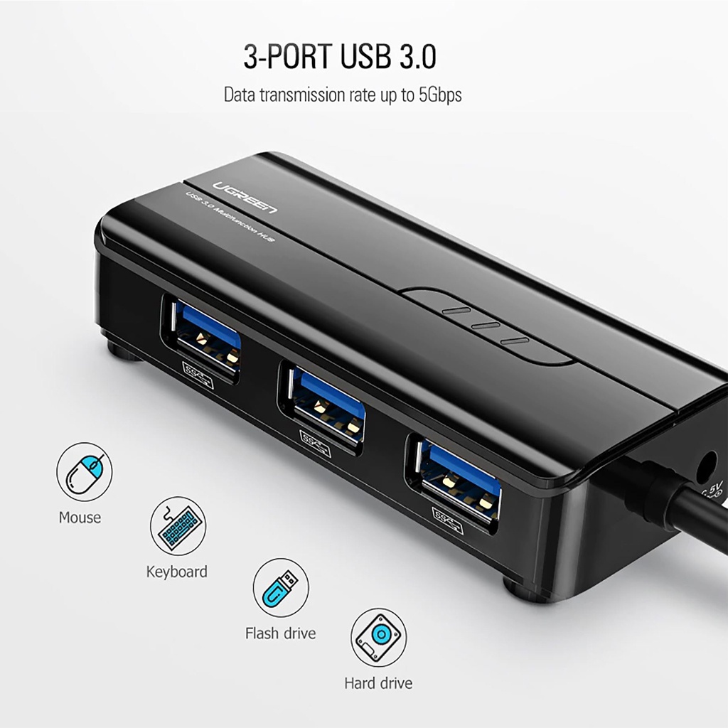 HUB USB 3 Cổng 3.0 Kèm Cổng Mạng LAN 10/100/1000 Mbps UGREEN CR103 Chính Hãng