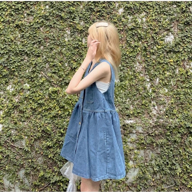 Váy yếm jean dáng babydoll túi hộp chất jean đẹp dày dặn jeanfangu