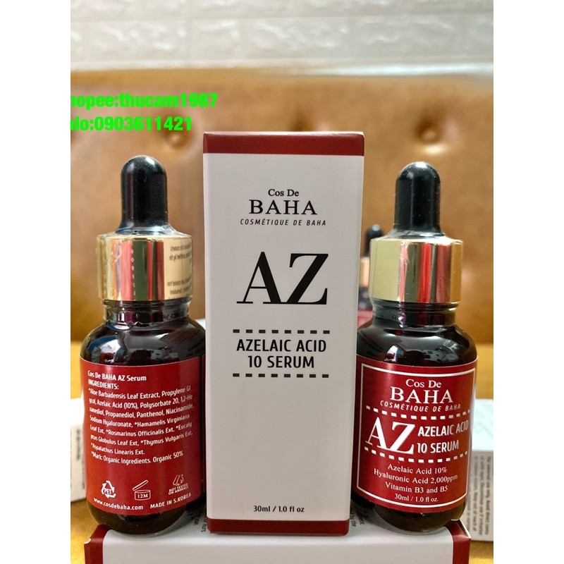 Serum trắng da, ngừa mụn Cos De BAHA Azelaic Acid 10% ,Hyaluronic Acid, Niacinamide, Panthenol 30ml.