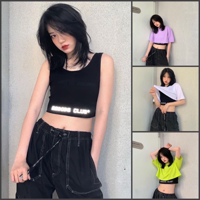 Set Áo Croptop 2 Món Tay Lở Áo Trong Phản Quang Cá Tính Ảnh Thật