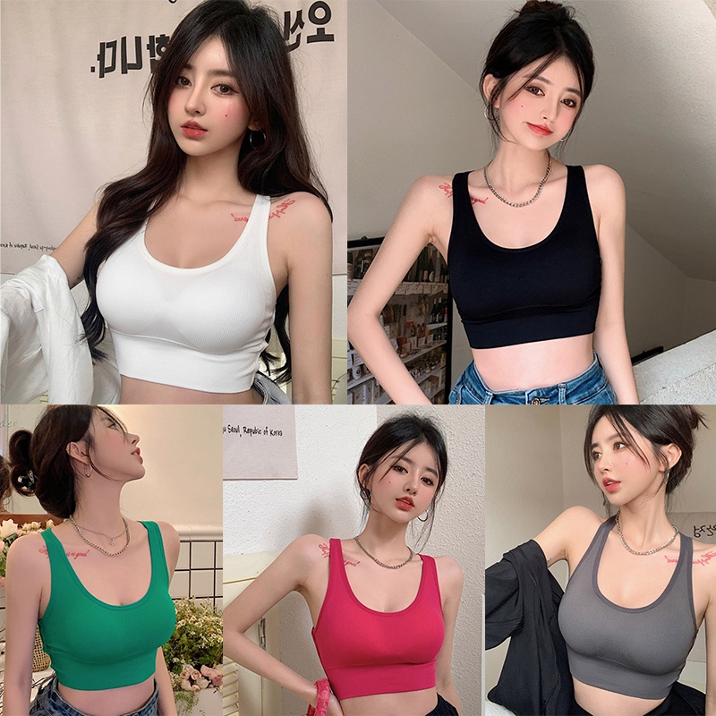 Áo Croptop Dệt Kim Hai Dây Màu Trơn Có Đệm Ngực Thời Trang Mùa Hè Hàn Quốc
