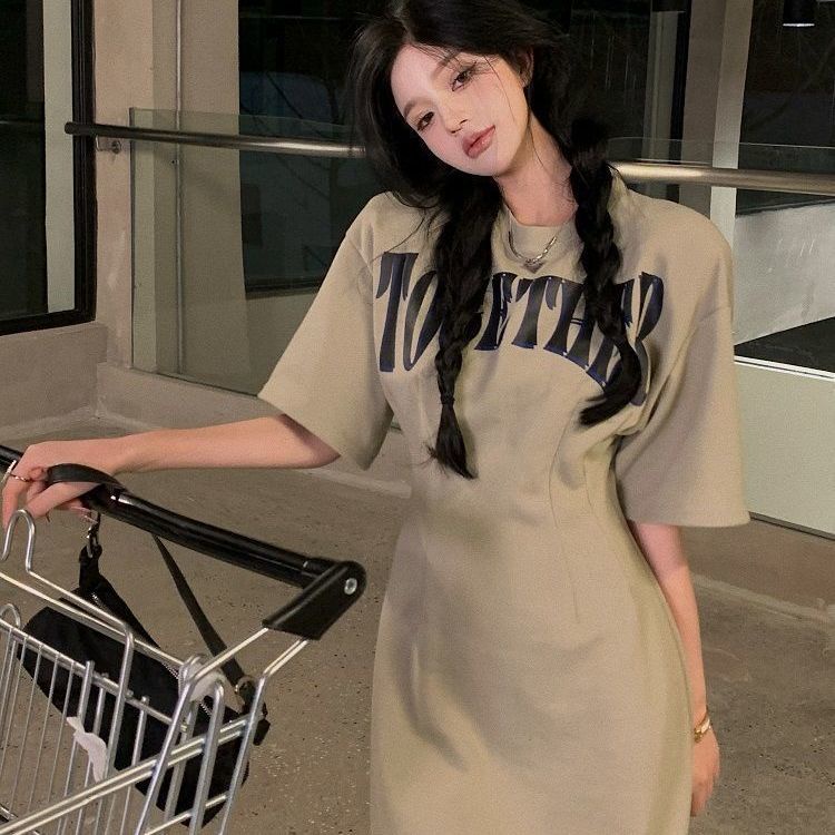 Jiashucheng Đầm Sweatshirt Dáng Chữ A Chiết Eo Mỏng In Chữ Phong Cách Hồng Kông Phương Tây Hợp Mùa Hè