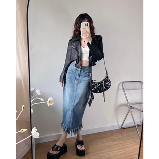 Chân váy midi jeans line tua rua