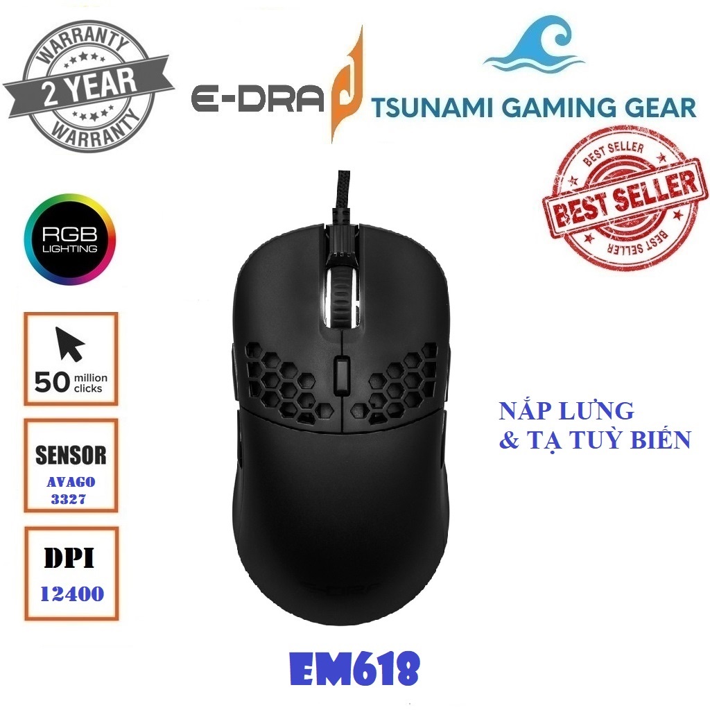 Chuột gaming E-Dra EM618 RGB, Avago 3327, DPI 12400, thay nắp lưng và tạ tùy biến - Hàng chính hãng