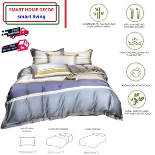 [5 món] Bộ chăn ga gối cao cấp 100%Tencel 100s, họa tiết Sọc Ngang, sang trọng, chất liệu siêu mềm mát mịn