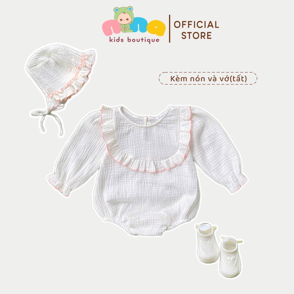 Bộ áo liền quần cho bé gái Nina Kids Boutique Body em bé sơ sinh Kèm mũ và tất Size 0m 24m Chất xô Muslin Màu trắng