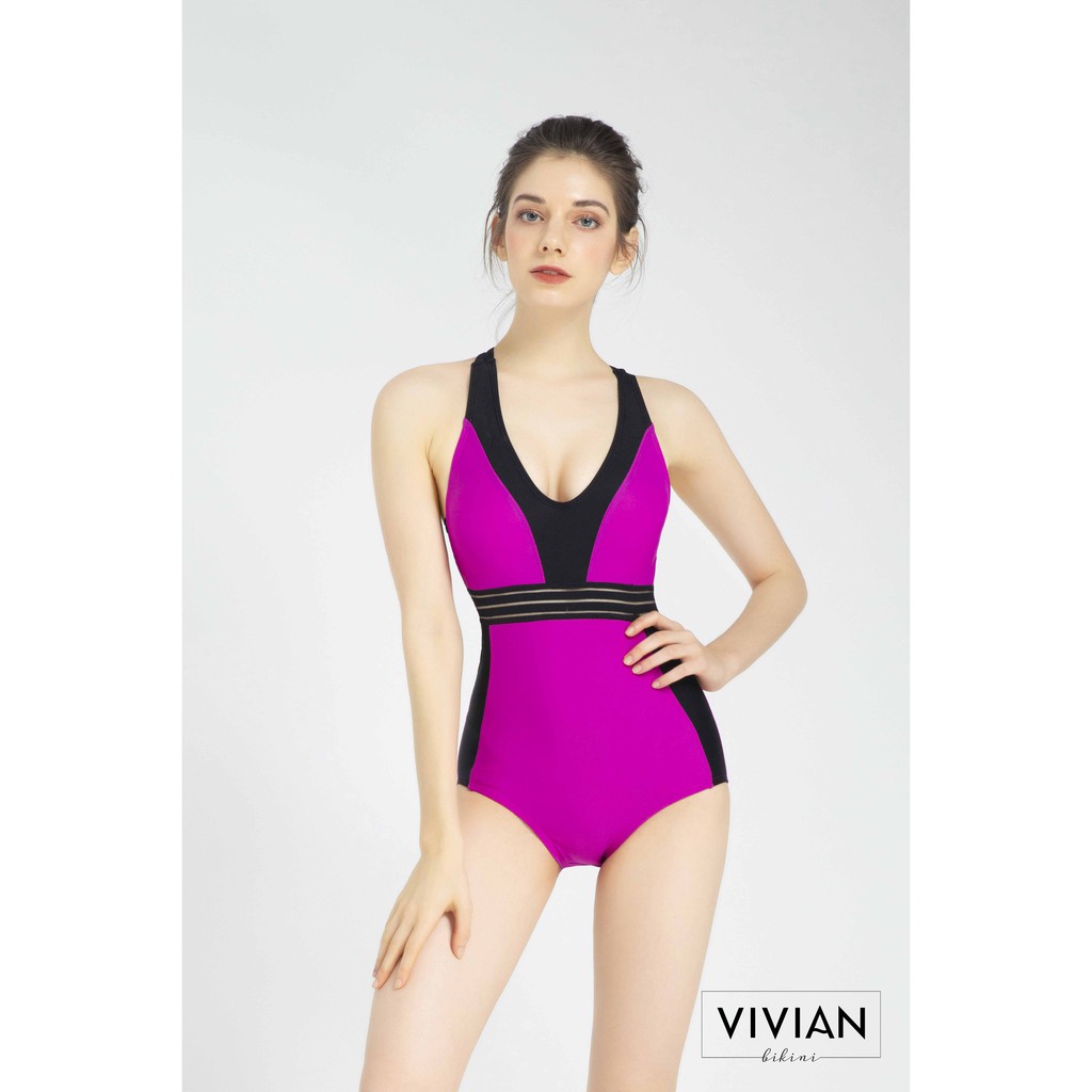Đồ bơi Nữ VIVIAN BIKINI kiểu Một mảnh cổ V phối màu cách điệu- màu Hồng - VS128_PK