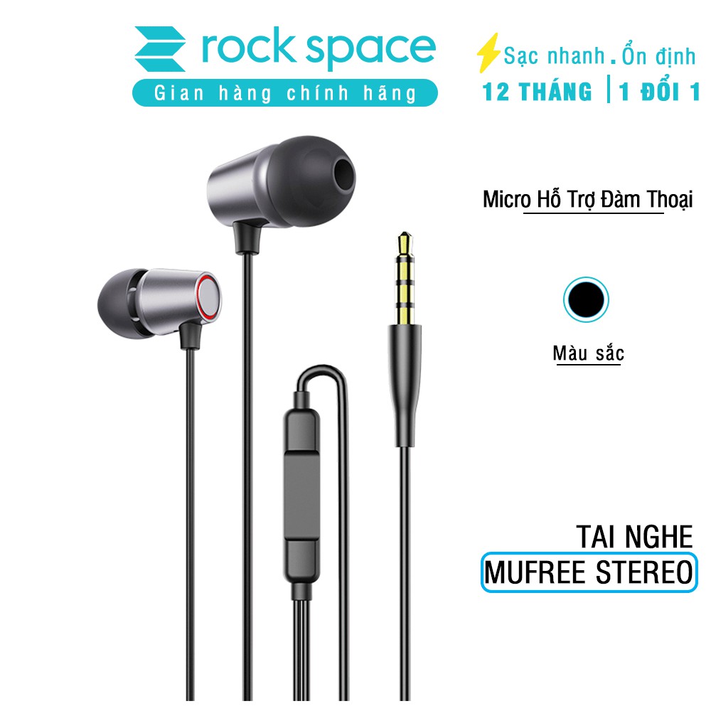 Tai nghe nhét tai có dây Rock Space Mufree, màu đen, có micro hàng chính hãng bảo hành 1 đổi 1 trong 12 tháng