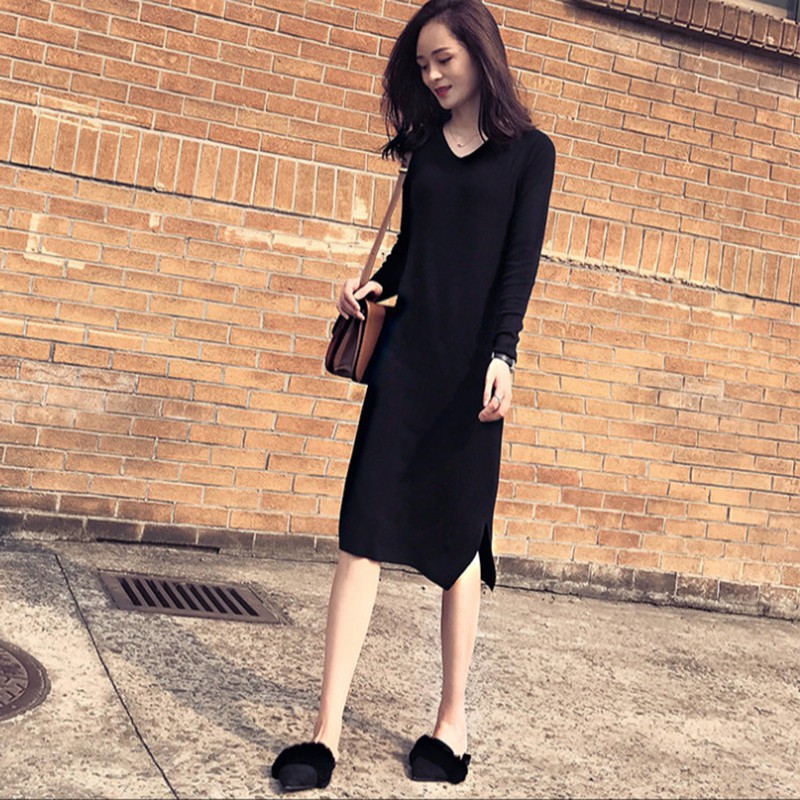 Đầm nữ dáng dài tay dài cổ chữ V thời trang quyến rũ