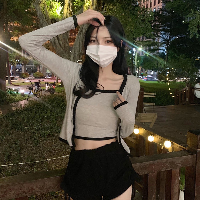 Set Áo Hai Dây + Áo Khoác Cardigan Tay Dài Chống Nắng Phong Cách Hàn Quốc Mới