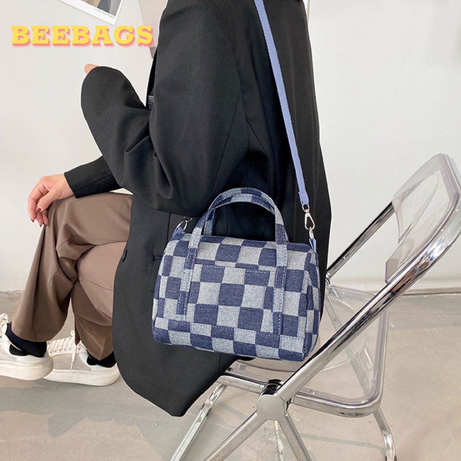 Túi Xách Jean Họa Tiết Caro Cầm Tay, Đeo Chéo Màu Đen, Xanh Đậm | TX45 | Túi Cầm Tay Vải Jean Năng Động Cá Tính Đi Chơi