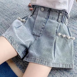 Quần short Jean cạp cao chun mềm QB048-xanh hạt cườm cho bé gái 2-12T