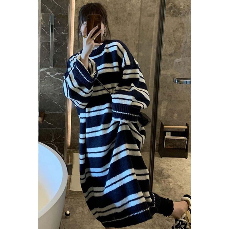 Đầm ZHELIHANGFEI dệt kim dáng rộng kẻ sọc cá tính thời trang
