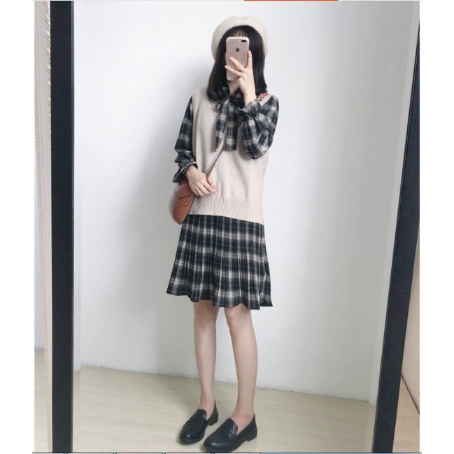 Đầm dáng suông kẻ dài tay , đầm dáng suông  họa tiết kẻ sọc ca rô phong cách Hàn Quốc xinh xắn thời trang 2021