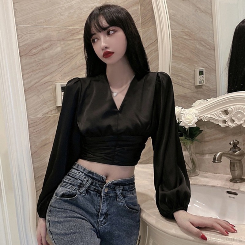 Áo Croptop Tay Dài Cổ Chữ V Vải Satin Thời Trang Xuân Thu Cho Nữ