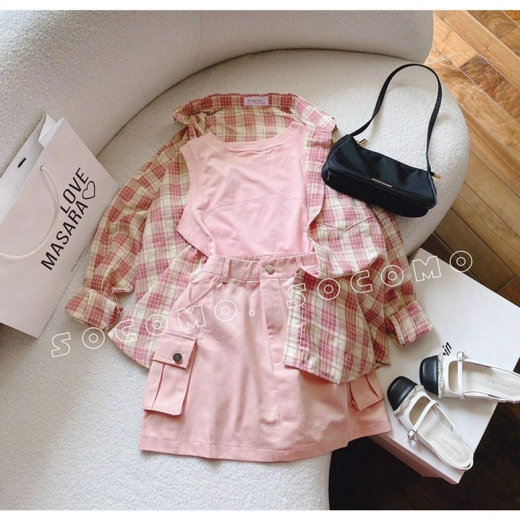 Set bộ ba món chân váy áo sơmi và áo pull Socomo B582022 - Hàng Loại 1, Chất Đẹp - Giá tốt