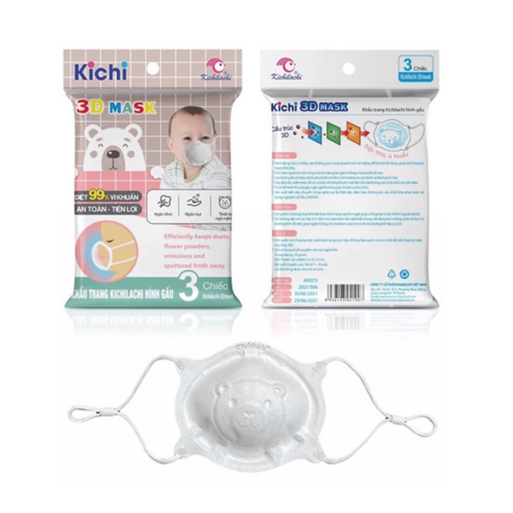 Khẩu Trang Cho Bé Hình Gấu Kichi Có Ảnh Thật ( 1 gói 3 cái)
