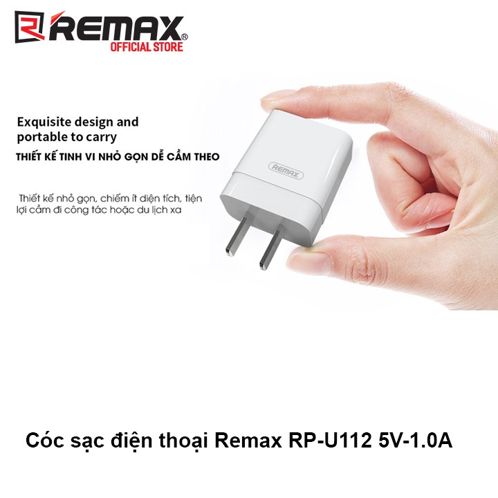 [Mã ELFLASH5 giảm 20K đơn 50K] Cóc sạc điện thoại Remax RP - U112 5V - 1.0A (Trắng)