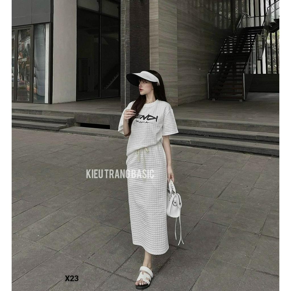 Set đồ nữ đi chơi sang chảnh với set 2 món chân váy dài midi kèm áo kiểu nữ cổ tròn form rộng xinh xắn