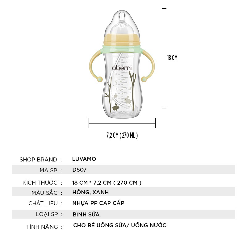 Viethan Bình sữa cho bé chống đầy hơi cổ rộng có tay cầm an toàn cao cấp 270ml DS07 MHB9