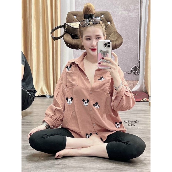 Set Bộ Đồ Đi Chơi Nữ Áo Sơ Mi Mickey Quần Legging Lửng Ngố