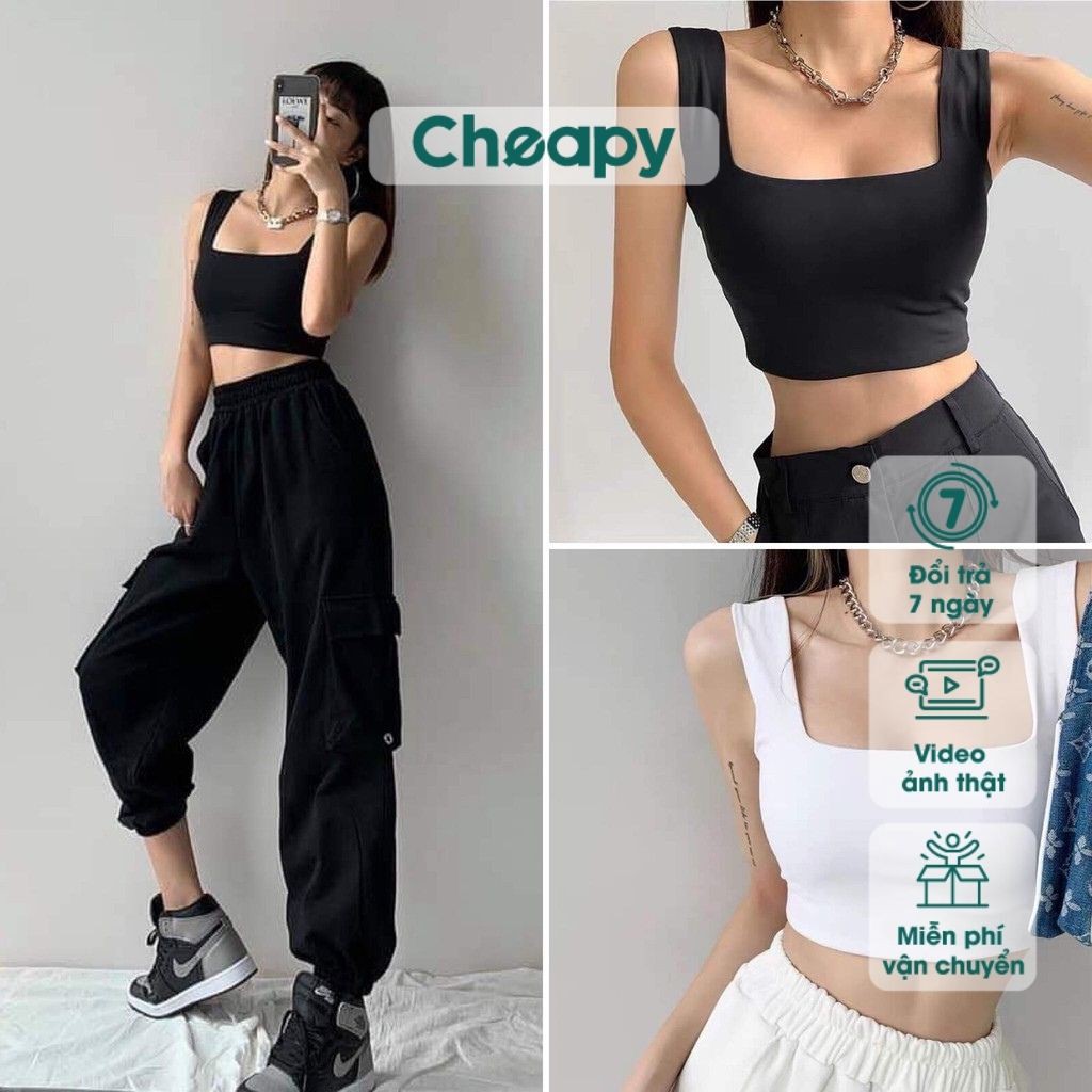 Áo croptop cổ vuông đen trắng - Áo croptop khoét nách 2 màu đen trắng freesize phom ôm chất thun co giãn C316