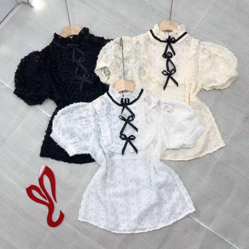 Áo kiểu ren lông kèm nơ